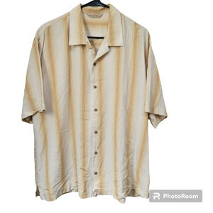 Tommy Bahama XL 100% Silk Short Sleeve Button Up Shirt Yellow Stripe Lightweight